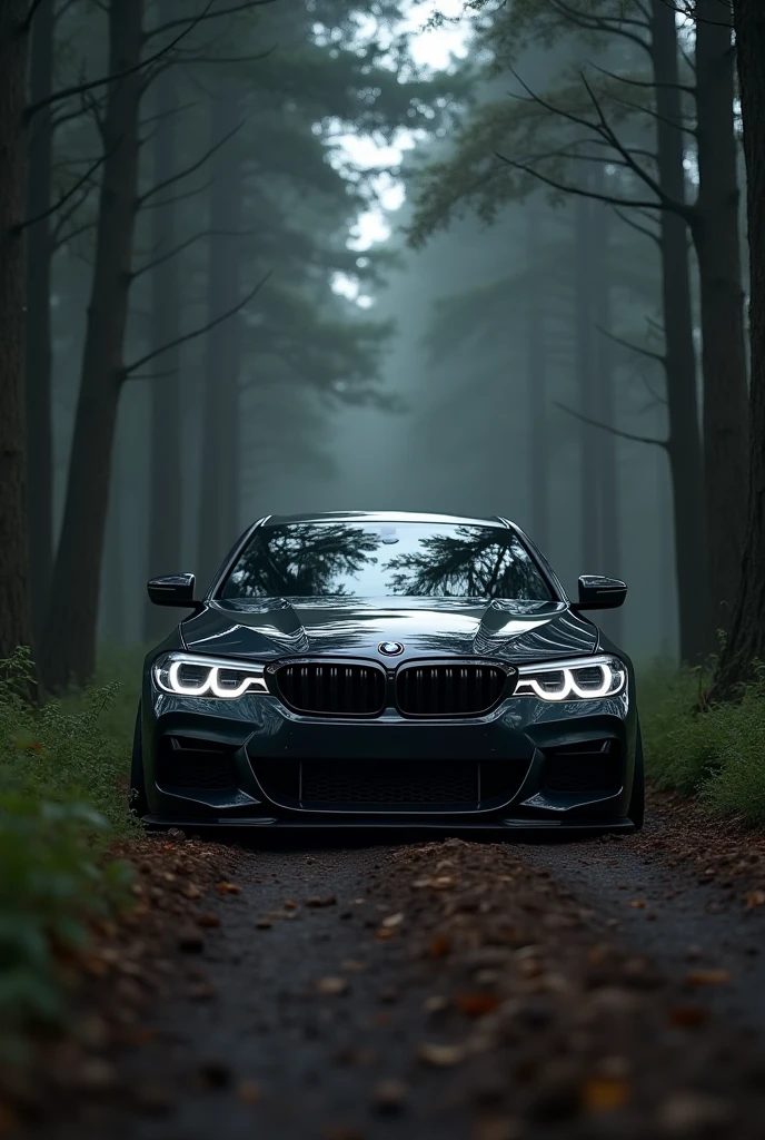 realistic black bmw 320i black windows , lowered , em uma floresta escura