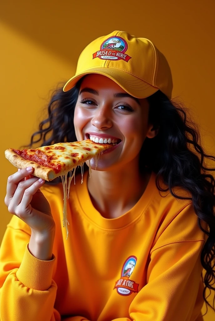 "A studio photo of a woman with Brazilian features wearing a pullover with a small logo that reads 'Brisas do Norte' and a matching cap with the same name. She is holding a slice of pizza with melted cheese stringing out as she takes a bite. The scene is bright and cheerful, perfect for marketing a pizzeria named 'Brisas do Norte.' The woman should have a friendly expression, and the overall vibe should feel warm and inviting, reflecting the cozy and delicious atmosphere of the pizzeria."






