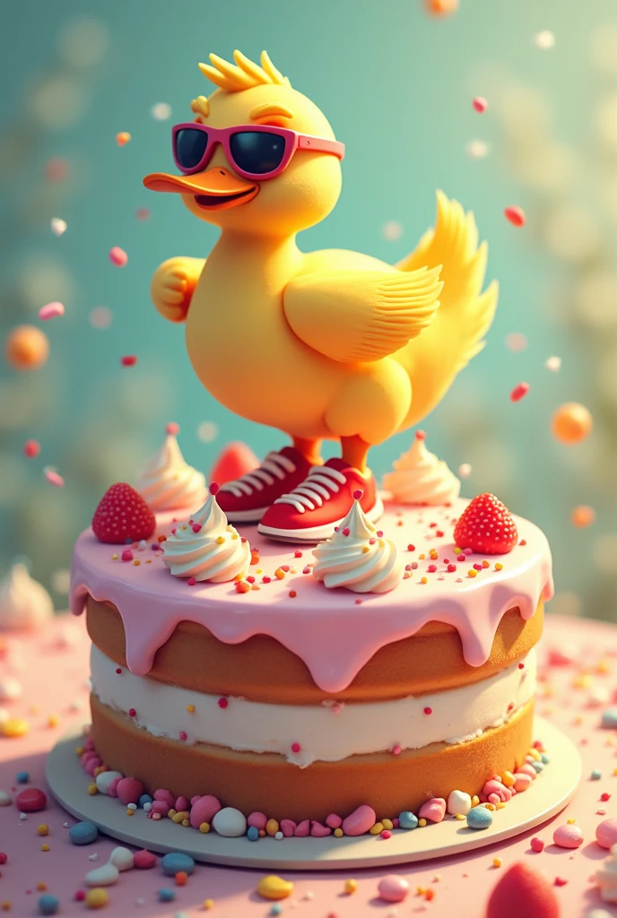I want a 2D animated duck with running shoes and running sunglasses printed on a birthday cake.
The duck must be placed in 2D on the cake. I want a top view of the cake