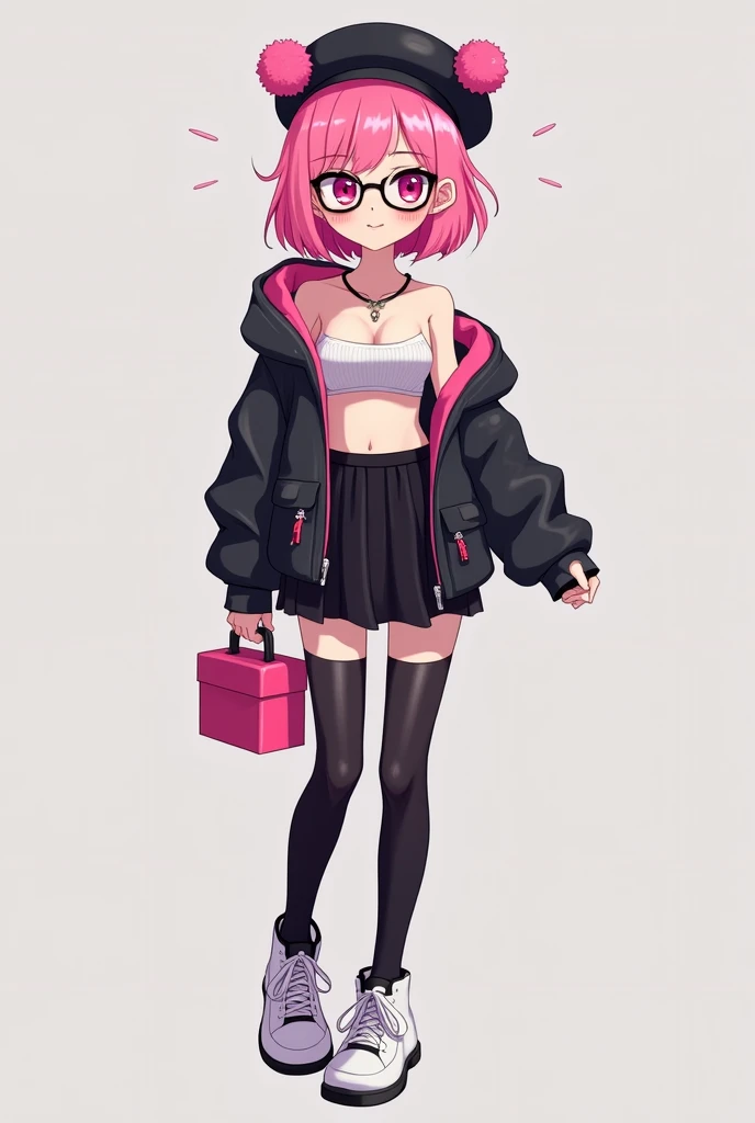 that she has a chest disease that is extremely daring, that she has pink hair, a black beret with pompoms, black glasses, pink eyes, an extremely blush, a pink censorship box, a short black skirt, black stockings, white sneakers, and that she is a girl 