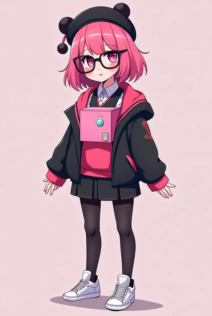 that she has a chest disease that is extremely daring, that she has pink hair, a black beret with pompoms, black glasses, pink eyes, an extremely blush, a pink censorship box, a short black skirt, black stockings, white sneakers, and that she is a girl