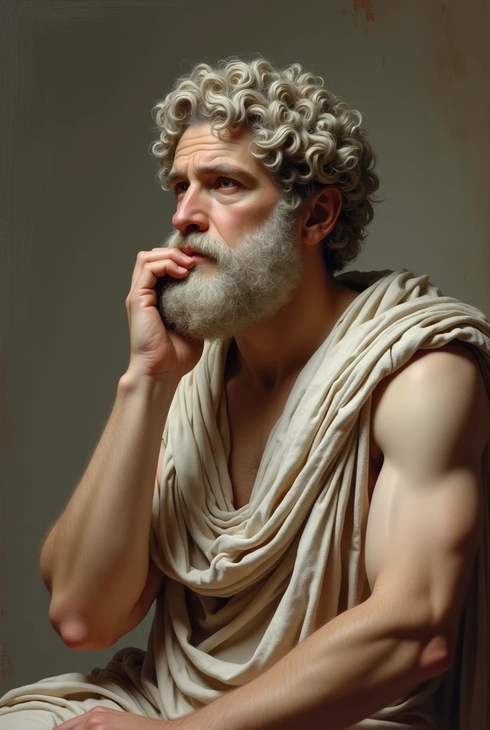 Aristotle sitting looking forward mewing ( the finger passing over your jaw) showing his huge jaw with his defined jawline 