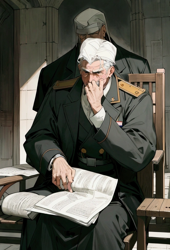 Anime style vertical image of A tense scene inside a dimly lit church in 1940s Madrid. A man with a weary expression, dressed in simple clothes, sits on the last bench, gripping a newspaper while hiding his face. Behind him, an imposing figure in a military uniform, the Paraguayan Colonel Arturo Bray, gently taps his shoulder.