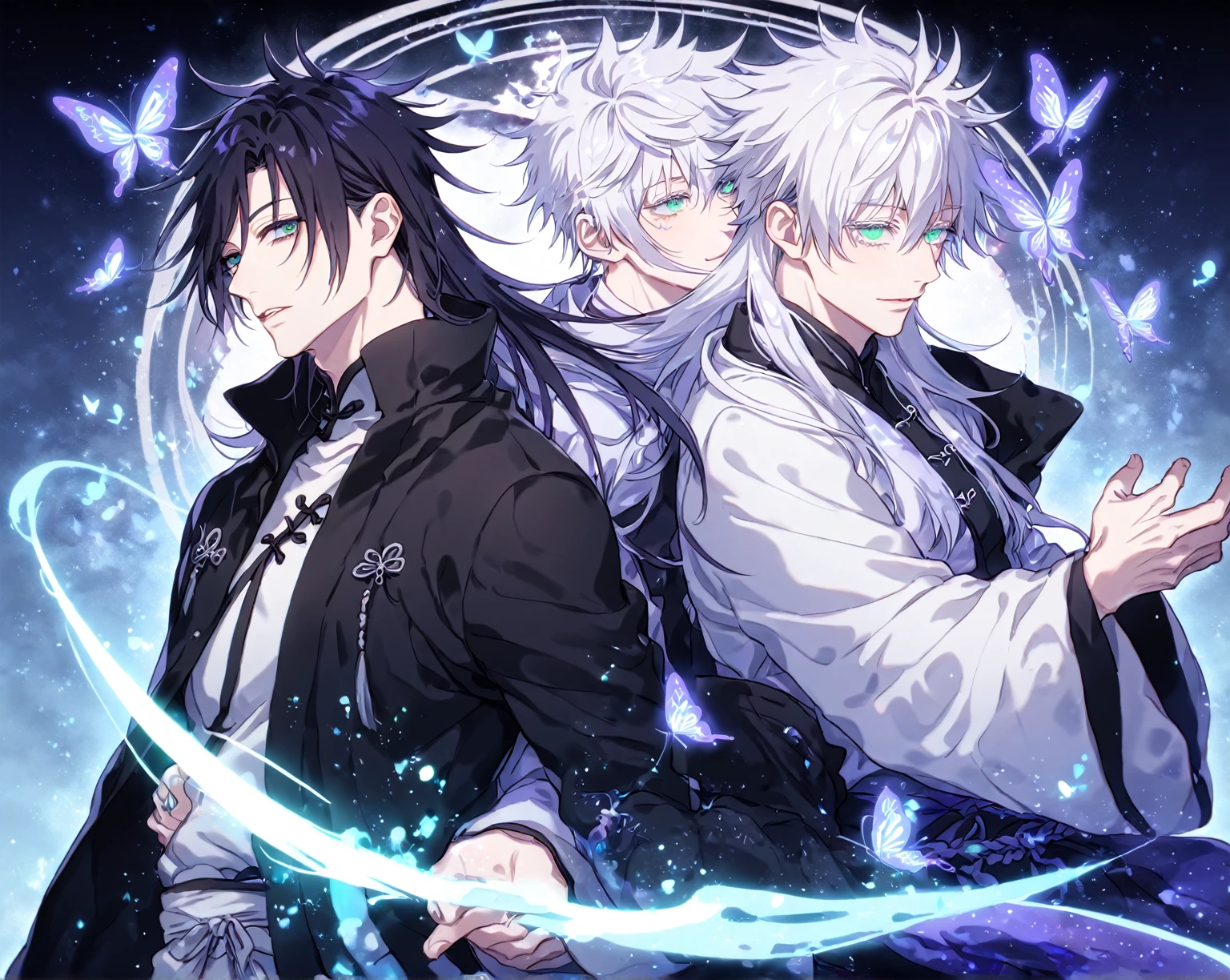 Ultra detailed, Highres, absurdres, HDR, master piece, Gojou Satoru, white hair with bangs, long hair, expressive blue eyes, white eyelashes, white Chinese clothes, Fushiguro Megumi, long hair, black spiked hair, expressive green eyes, Jujutsu Kaisen, two sexy men together, gay couple, yaoi, handsome, glittering, purple butterflies, blue starry sky, magical, fantasy, manly men, black Chinese clothes, accessories