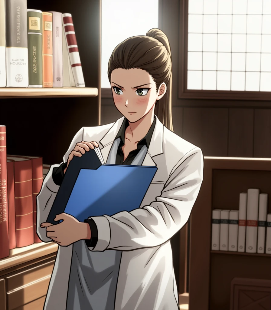 anime character holding a folder in a library with books with a lab coat, 1girl, solo, long hair, blush, brown hair, shirt, long sleeves, holding, brown eyes, closed mouth, ponytail, indoors, book, black shirt, window, labcoat, white coat, bookshelf, hair pulled back, anime style, from girls frontline, fine details. girls frontline, girls frontline universe, girls frontline style, girls frontline, girls frontline cg, soft anime illustration, 2 0 2 2 anime style, 2022 anime style, pixiv contest winner, pretty anime character design, render of april