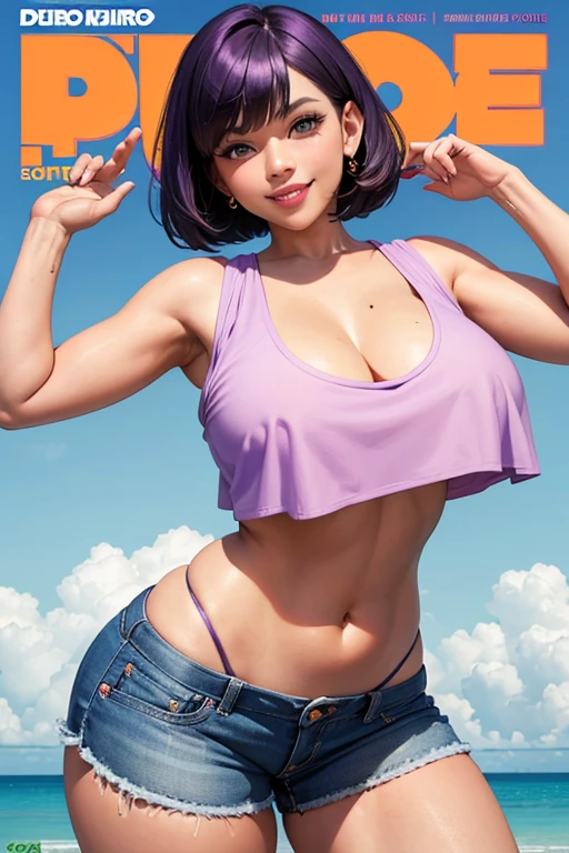 Magazine cover, Dora, sexy pose, big breasts, curvy, smile, bob haircut, purple crop top, orange mini shorts, purple backpack
