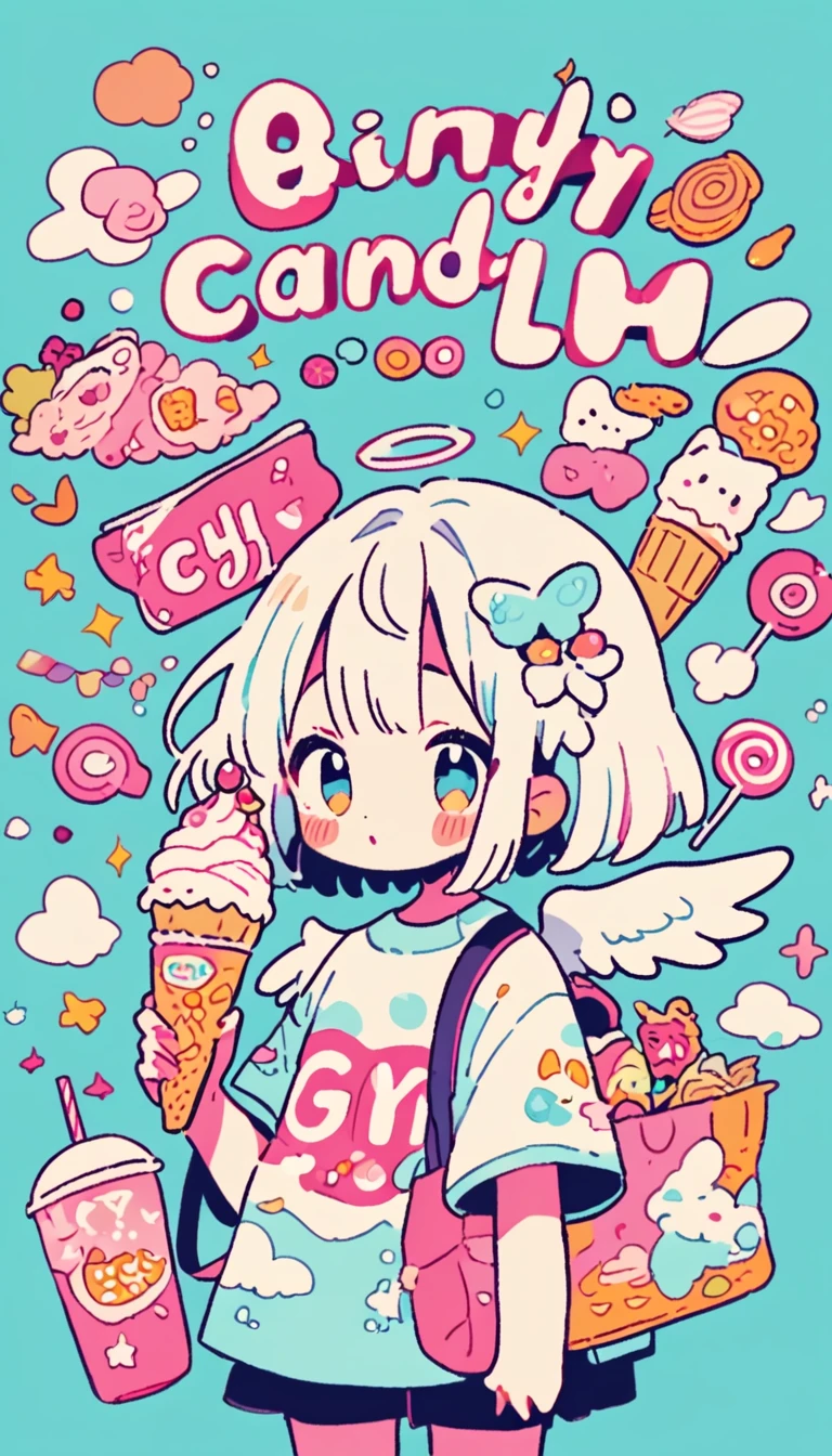 masterpiece, 8k, 4k, anime girl with angel wings holding a candy in her hand, decoration inspired illustrations, dreamy psychedelic anime, inspired by Hikari Shimoda, Ice Cream, eating ice cream, by Hikari Shimoda, anime aesthetic, Eating Ice Cream, cute art style, made of cotton candy, lofi girl, anime style illustration, anime vibes, animated illustration, soft animated illustration