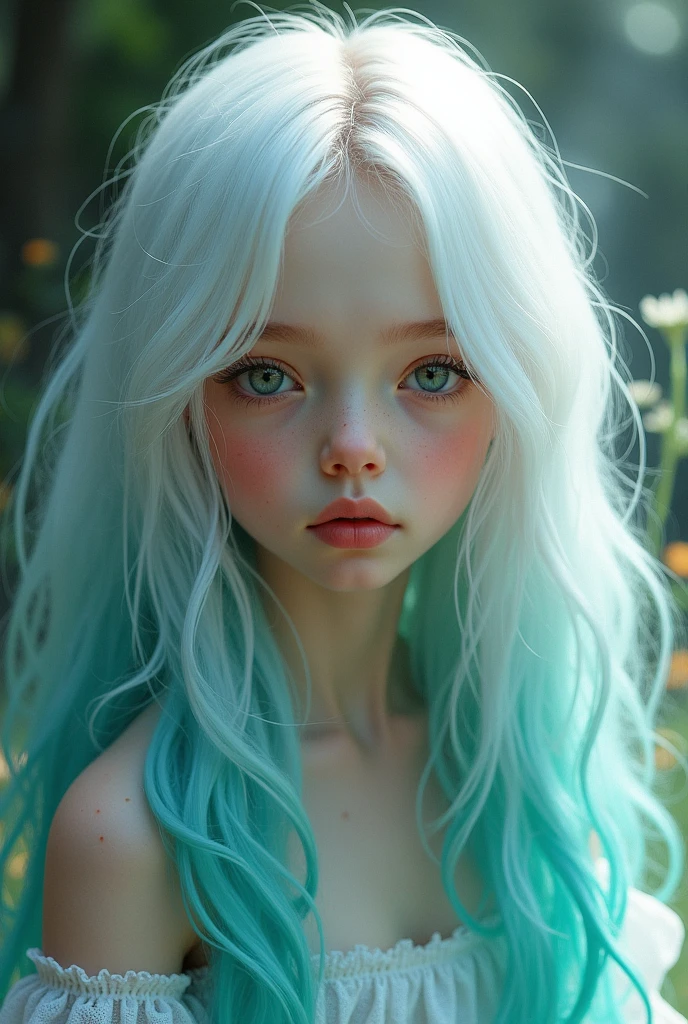 Jeune fillette au cheveux blanc et turquoise