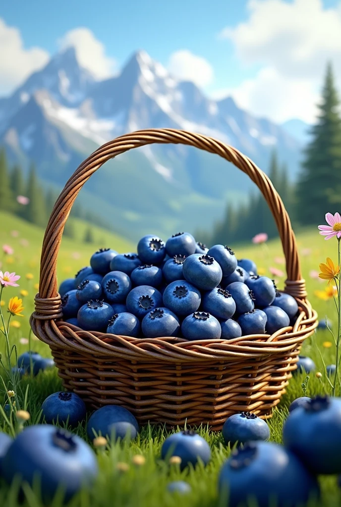 A basket full of blue berrys in grass lands background of mountains