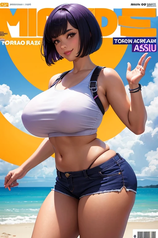 Magazine cover, Dora, sexy pose, big breasts, curvy, smile, bob haircut, purple crop top, orange mini shorts, purple backpack
