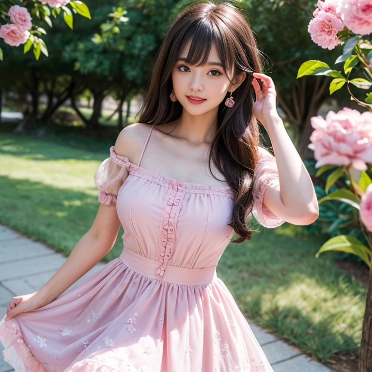 laughing out loud，travel scenery photos，Wear a sweet dress，Dress with pink flower pattern，Floral pattern scattered throughout the dress，Puff sleeves，Princess puff sleeves，Short sleeve，One-piece hem A-line skirt，（There is a layer of transparent mesh outside the skirt）, Fluffy and lightweight dress，（The entire dress is made of mesh）, Wearing a bustier underneath the skirt，There are pink ribbon bows on both sides of the collarbone.，A-line skirt with large hem，chiffon yarn material，1 female, On the face, light brown hair, blunt bangs, hair behind ears, Shoulder-length hair, long hair, Slender body type, 超face slimming型, face slimming, delicate lips, beautiful eyes, Thin blush, Eyes are light brown,View here, (actual:1.3), One person's perspective, 8k, Super detailed, high quality, best quality, High resolution，2,above knee shot，Breast protrusion，Full breasts