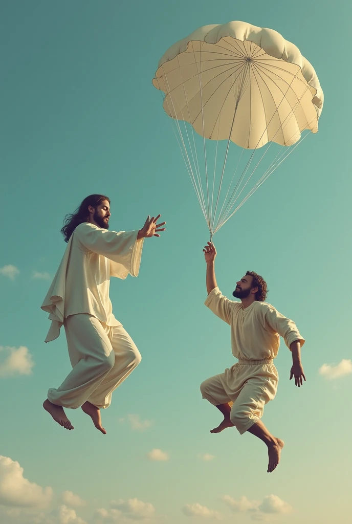 man falling calmly from heights and Jesus trying to give the man a parachute, but man ignores Jesus&#39; help