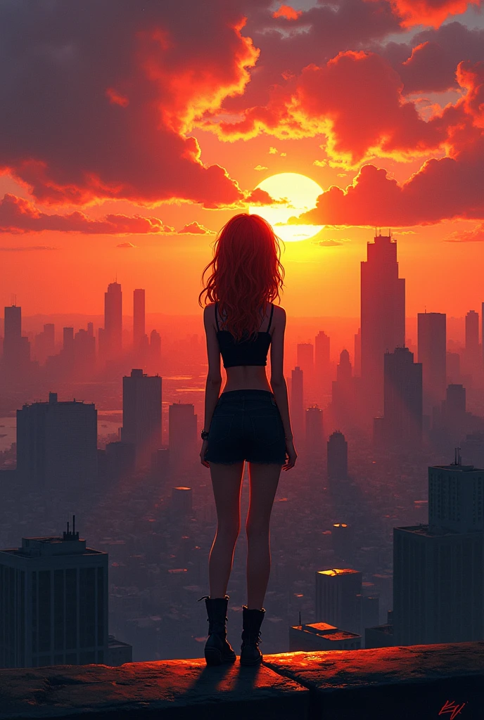 ((best illustration)) Brazilian girl, red hair, teenage body, black top, black tight skirt, black boot, urban landscape, building, skyline, sunset, silhouette against the clouds, contemplative.  