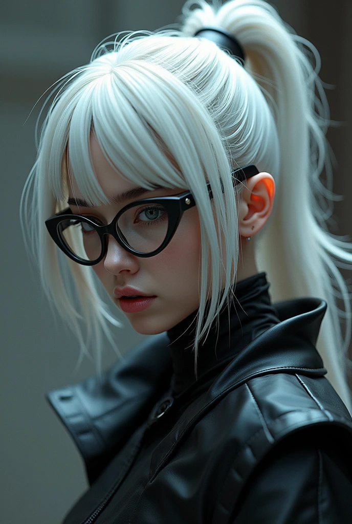 A Freefire character with white hair tied up with glasses and a white face