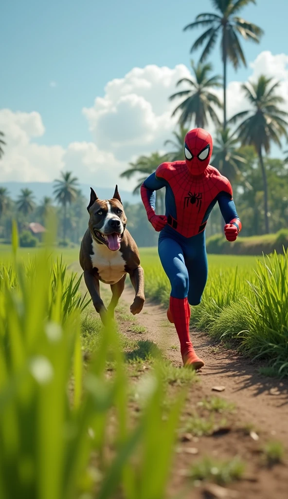 A highly realistic and humorous scene set near a lush, green rice field in a rural area. Spiderman, in his classic red and blue suit, is seen running in fear, looking over his shoulder with wide eyes as a muscular Pitbull chases him. The Pitbull, with its strong build and determined expression, is gaining on Spiderman, who is sprinting at full speed, arms flailing in panic. The background shows the vibrant green rice paddies, with a few scattered palm trees and a clear blue sky. The scene captures the comedic chaos, with Spiderman completely out of his element, creating a hilarious contrast with his usual heroic persona.