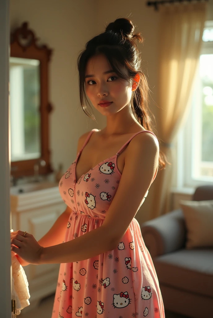 a beautiful malay woman, curvacious, tied hair, huge breasted, big mega breasts, wearing knee-lenght sleeveless hello-kitty pattern housedress, cleaning the house, holding broom in the living room, morning vibes, look at the viewer, natural light, realistic photography, wide angle shot, detailed facial features, intricate clothing folds, soft lighting, warm color tone, bathroom, photorealistic, cinematic composition, high quality, 8k, masterpiece