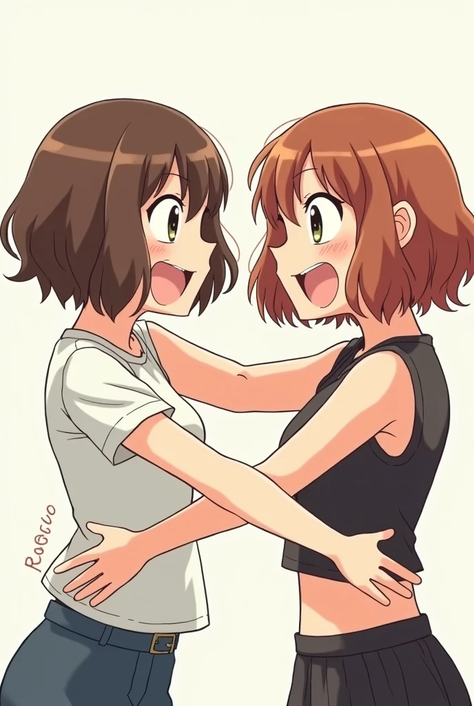 Brown bob hair 2 woman Make a "X" sign with both arms An indication that it's no good Comical anime style