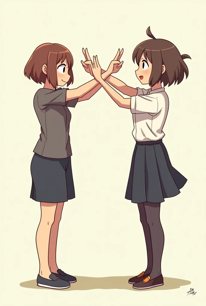 Brown bob hair　2 woman　Make a &quot;X&quot; sign with both arms　An indication that it&#39;s no good　Comical anime style