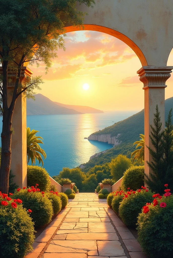a beautiful painting, roman art style, easy to draw, easy to paint, very nice color harmony, without people, just a garden, outdoor scenery, like sunsets, ocean views, very very very easy to paint, without leaves