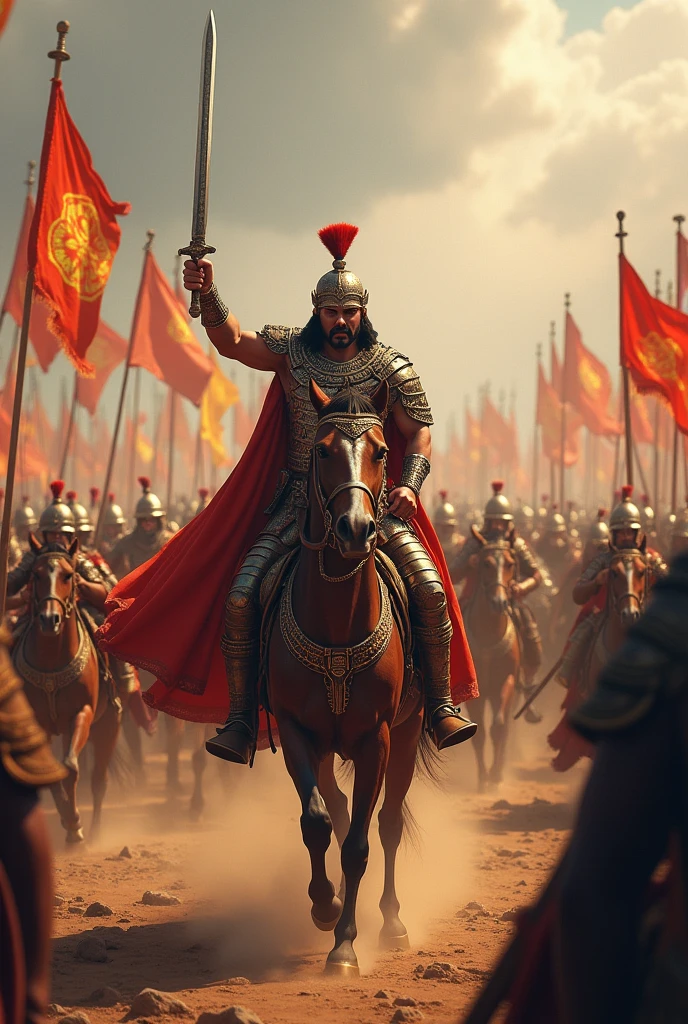 An imposing Indian emperor, Ashoka, leading his army on horseback. The emperor is in full armor with a determined and fierce expression, holding a sword raised high. Behind him, an expansive army with banners fluttering in the wind, ready for battle in an ancient Indian landscape."