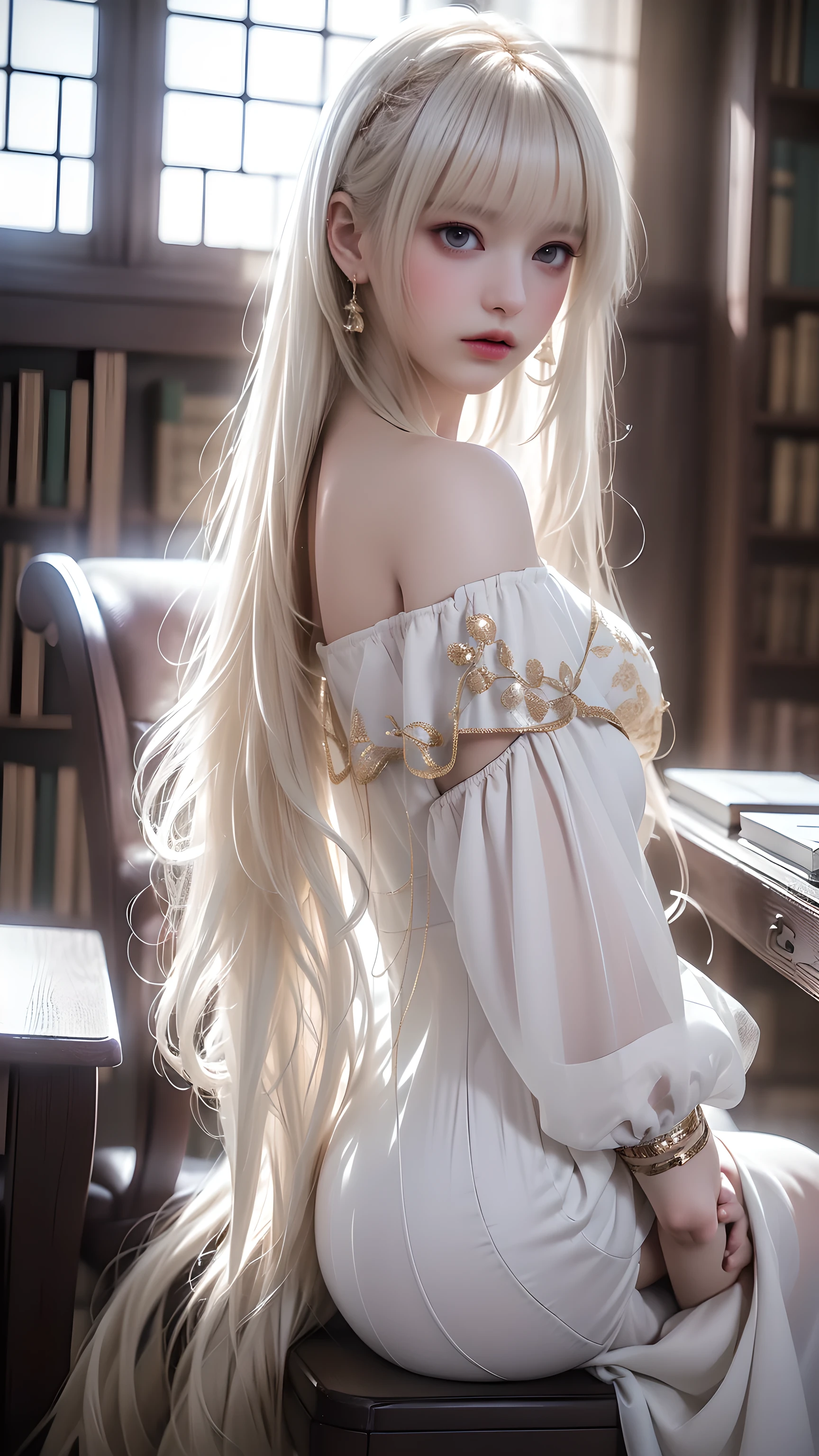 ((girl sitting on a chair in the library))、(Rear view)、(look back)、best quality works、practical work、Super premium graphics card、8KHD CG works、High-quality graphics、HD CG works、10x pixel、Extremely fine details:1.1、Advanced technical details:1.1 Photo realistic、Indoor Lighting Effects:1.5、Natural light:1.5。Lighting Effects(Virtual Lighting Effects:1.8)、(((Straight truck、Princess Fan))、(((Very heavy、Curly bangs:1.1))、((very long、Very heavy、Very curly side lock:1. 1))、Ji Qie、Straight bangs、Ugly bangs for round face、Ugly long bangs、Bangs straight、(masterpiece、best quality:1. 5)、(Super Fine 8K CG:1.4)、(surreal:1.25)、(real:1.4)、((Golden-white hair))、Sparse eyebrows、high nose、Beautiful red lips、Rosy Cheeks、Face with light makeup、Cute face、Perfectly balanced face、()、Light-colored foundation can enhance the transparency of the skin.、、((Off-the-shoulder white mini dress))。40,000、photo、On the table、best quality、rain background、((1 Girl with beautiful eyes and light hair、 White skin、gentlemen.々A posture。((Medium sized breasts、:1.1))、best quality、On the table、Ultra-high resolution、(realistic:1.4)、RAWphoto、(Perfect body)、(Slim:1.3)、Thin belly、Perfect Slim figure、Dynamic poses、Solitary、Cold light 12000K、Very detailed face and skin texture、detailed、realistic eyes、Beautifuldetailed、(real skin)、charm、Ultra-high resolution、surreal主义、Very detailed、