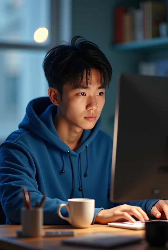 An Asian man, around 20 years old, sitting at a computer desk working, wearing a blue hoodie, black hair.