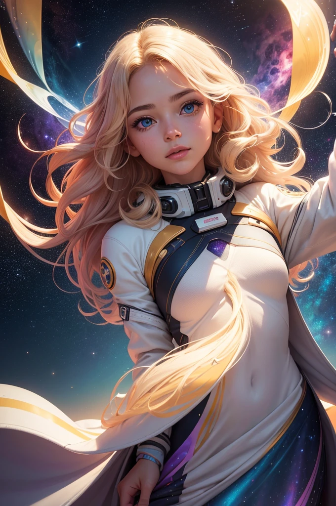 A highly detailed and ultra-realistic image of a  girl floating gracefully in the vibrant expanse of outer space, posing for a magazine cover. She has luminous, wavy blonde hair styled to float around her in the zero-gravity environment, with each strand shimmering with a soft, golden glow that catches the cosmic light. Her large, bright blue eyes are filled with wonder, reflecting the dazzling colors of the nebulae and distant stars, framed by long, fluttering lashes. Her skin is smooth and radiant, with a natural, dewy glow that enhances her youthful innocence. She is dressed in a whimsical, white space suit that sparkles with iridescent colors, adorned with colorful patches and intricate designs that add a playful and artistic touch. The suit floats around her, adding to the sense of weightlessness and magic. The background is a breathtaking, colorful cosmic tapestry, featuring vibrant hues of deep purples, blues, and pinks, with glowing star clusters, swirling galaxies, and luminous nebulae creating a dazzling, dreamlike backdrop. Soft, radiant lighting from distant stars bathes her and her suit in a gentle, ethereal glow, emphasizing the textures of the suit and the brilliance of the space scene. The image is crafted with the highest graphic and technical quality, capturing the delicate interplay of light and color, the shimmer of the stars, and the vibrant details of the cosmic setting, making it a true work of art and a captivating magazine cover