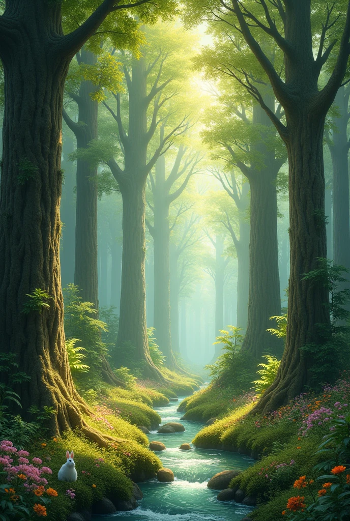  the Forest:  enchanting forest filled with towering trees, vibrant flowers, and sunlight filtering through the leaves. 
