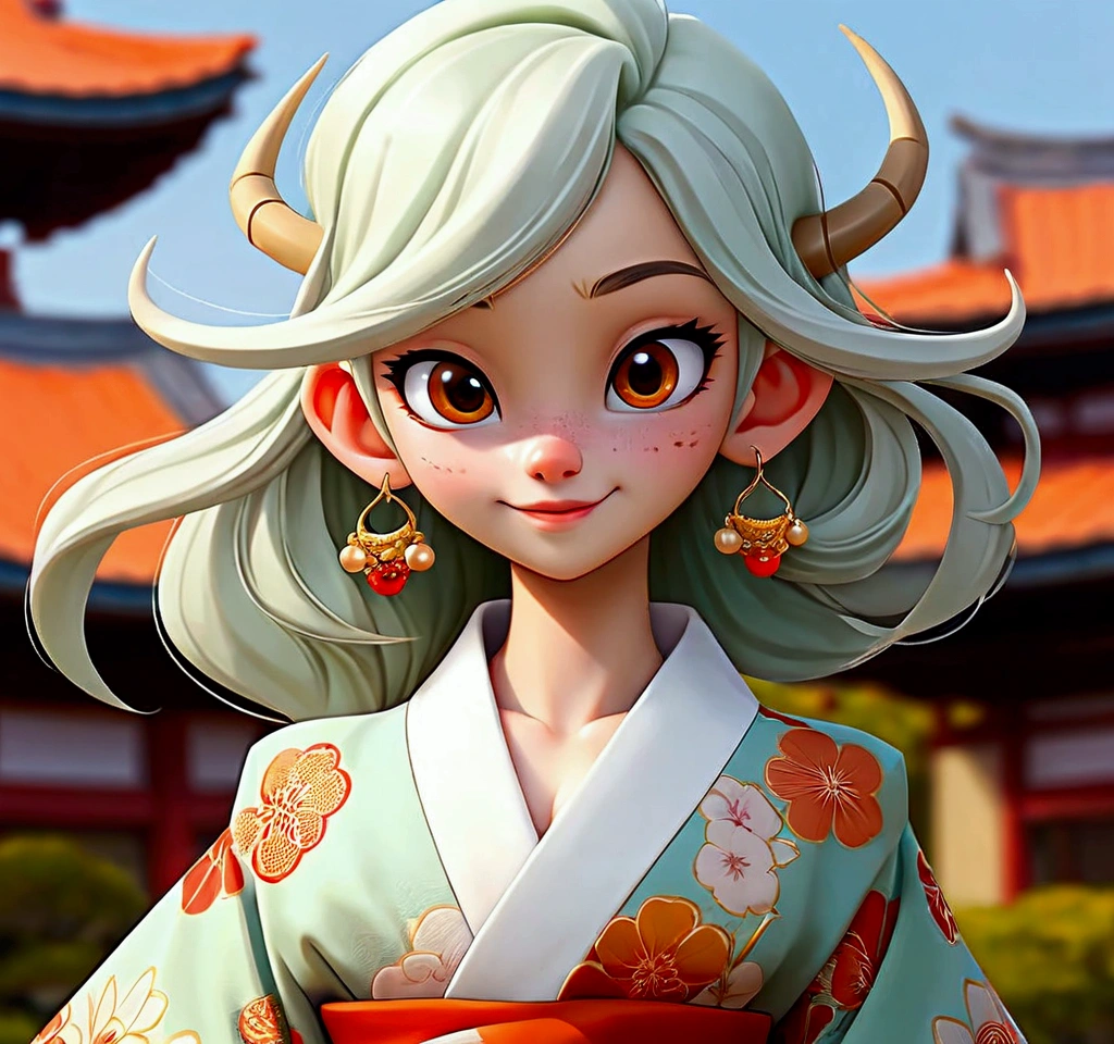 masterpiece, ((ultra detailed background, delicate pattern, the hardest part)), (very detailed, Small parts), Best quality,beautiful lighting, (((small breast, slender girl, very slender girl))), ( plan, ),  YamatoV2, long hair, 1 girl, horns, White hair, One, They, red horns, curled horns, hair ornament, (multicolored horns), Jewelry, earrings, japanese clothing, kimono, hair stick, without sleeves, bare shoulders, sea green hair, sidelocks, hoop earrings, Also, smile, wide smile, ((orange eyes)), complex detailed background, outside, Wednesday, rocks, Solar, blue sky, sky, , naked , bare nipples,   naked tits