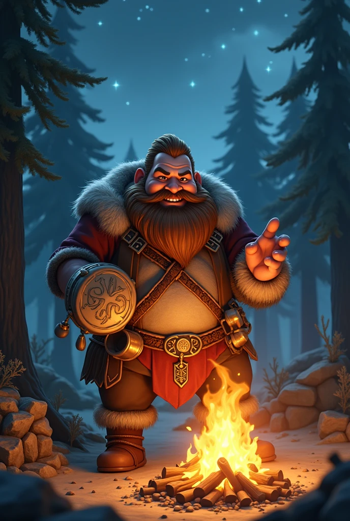 Create a Nordic dwarf bard with a tambourine and drums partying around a campfire