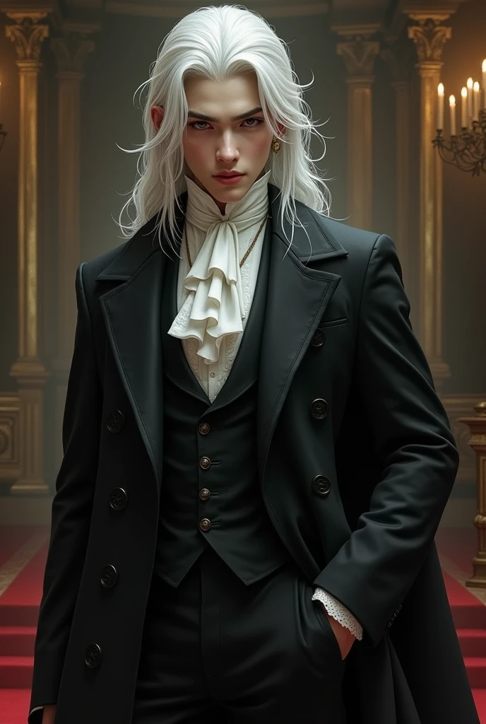 A handsome young pale Asian vampire man showing his vampire teeth, with effeminate facial features, with long, natural white hair, imposing expression wearing a 19th century formal suit
