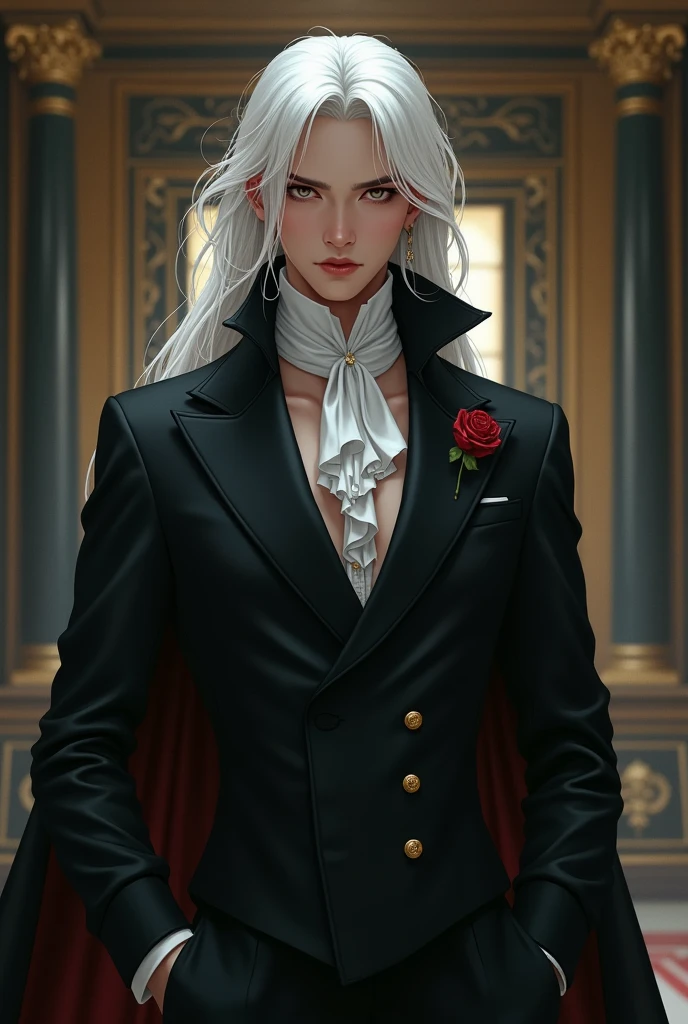 A handsome young pale Asian vampire man showing his vampire teeth, with effeminate facial features, with long, natural white hair, imposing expression wearing a 19th century formal suit