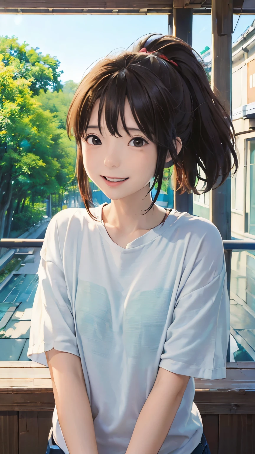 (masterpiece:1.4)、(Highest quality:1.4)、(High resolution:1.4)、Chihiro Ogino、ponytail、T、Outdoor、East Asian architecture、smile、;d、colorful、High contrast