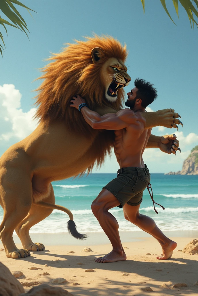 A man fight with lion on the sea beach