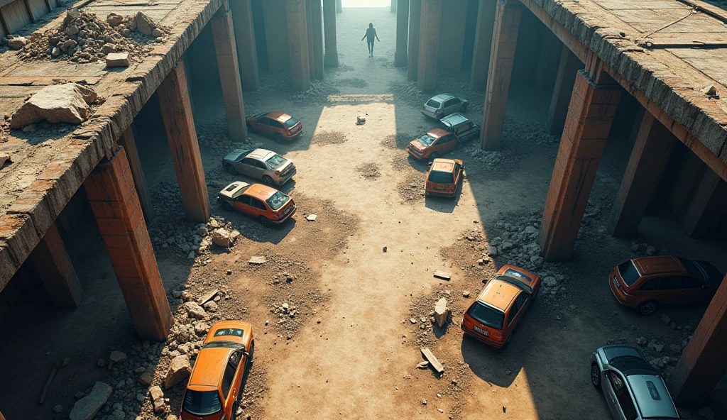 Bird's Eye Straight Top-Down Shot from a Drone, a large junkyard, with some broken cars, some mountains of rubble Battle Map, Final Fantasy, game art, (Coherent architecture and interior, With realistic proportions and textures, Intricate details, handdraw, Vibrant, Cinematic lighting, masutepiece, 8K)