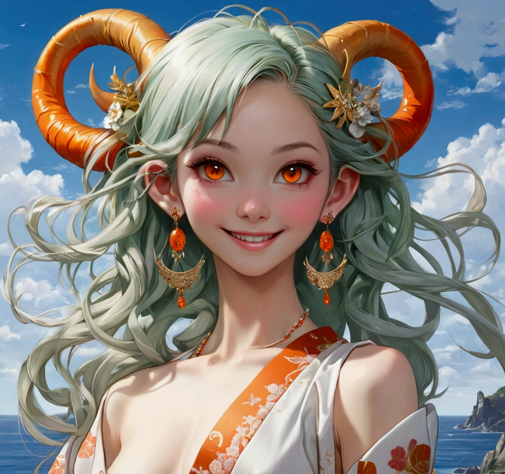 masterpiece, ((ultra detailed background, delicate pattern, the hardest part)), (very detailed, Small parts), Best quality,beautiful lighting, (((Small breasts, slender girl, very slender girl))), ( plan, ), YamatoV2, long hair, 1 girl, horns, White hair, One, They, red horns, curled horns, hair ornament, (multicolored horns), Jewelry, earrings, japanese clothing, kimono, hair stick, without sleeves, bare shoulders, sea green hair, sidelocks, hoop earrings, Also, smile, wide smile, ((orange eyes)), complex detailed background, outside, Wednesday, rocks, Solar, blue sky, sky, , naked , bare nipples, Fully fitted skinny