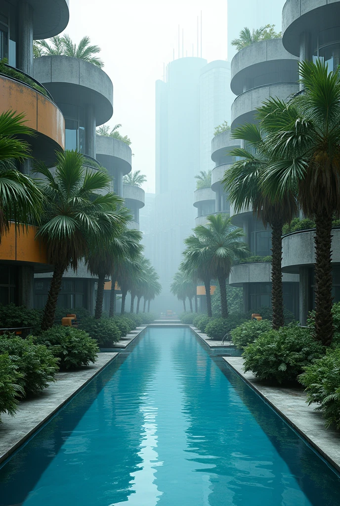 Image of a straight channel with crystal clear blue pool water and palm trees around, in the middle of a beautiful and futuristic metropolis, with several futuristic rounded concrete buildings with balconies with plants around, scenario inspired by the scenario of the game Half Life 2, gray and rainy sky, Raby, Metal buildings in colorful tones, futuristic scenery, there is fog,
