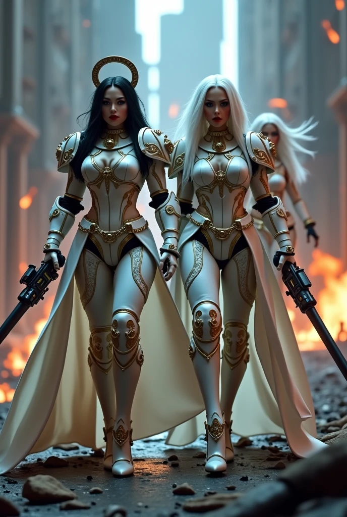 Full body pose four sexy sisters of battle from the warhammer 40k, white armor with intricate details, religous symbols on the armor, sisters of battle, warhammer 40k, Massive silicone breast, pale skin, seductive, temptation, eat your soul, clevage, xtremely long flowing neon white hair, xtremely long flowing neon white hair, heavy gothic makeup, at night, neon, beautiful detailed eyes, xtremely long flowing neon white hair, beautiful detailed lips, extremely detailed eyes and face, long eyelashes, highly detailed armor, intricate futuristic weaponry, dramatic lighting, cinematic composition, muted color palette, gritty and realistic, mecha, science fiction, hyper-detailed, photorealistic, award winning digital art, 8k, HDR, masters work, in the middle of a battle field, full body combat action pose, explosions and fire around, full war, stunning, Stilleto heels, high heels, full body pose, cinematic, movie trailer, final stand!, nemesis, ready to strike, dust and debree, combat screams, attacking. shooting at the enemy, running forward, last line of defense, charging, fanatic, religious, templar knights, sisters of battle, warhammer 40k