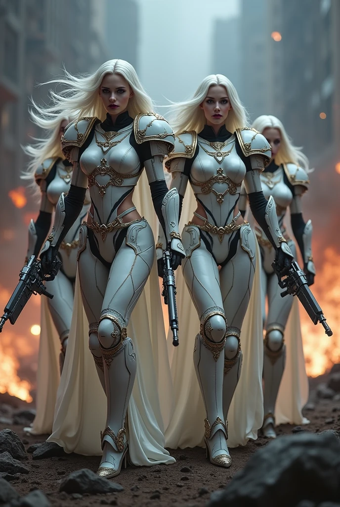 Full body pose four sexy sisters of battle from the warhammer 40k, white armor with intricate details, religous symbols on the armor, sisters of battle, warhammer 40k, Massive silicone breast, pale skin, seductive, temptation, eat your soul, clevage, xtremely long flowing neon white hair, xtremely long flowing neon white hair, heavy gothic makeup, at night, neon, beautiful detailed eyes, xtremely long flowing neon white hair, beautiful detailed lips, extremely detailed eyes and face, long eyelashes, highly detailed armor, intricate futuristic weaponry, dramatic lighting, cinematic composition, muted color palette, gritty and realistic, mecha, science fiction, hyper-detailed, photorealistic, award winning digital art, 8k, HDR, masters work, in the middle of a battle field, full body combat action pose, explosions and fire around, full war, stunning, Stilleto heels, high heels, full body pose, cinematic, movie trailer, final stand!, nemesis, ready to strike, dust and debree, combat screams, attacking. shooting at the enemy, running forward, last line of defense, charging, fanatic, religious, templar knights, sisters of battle, warhammer 40k