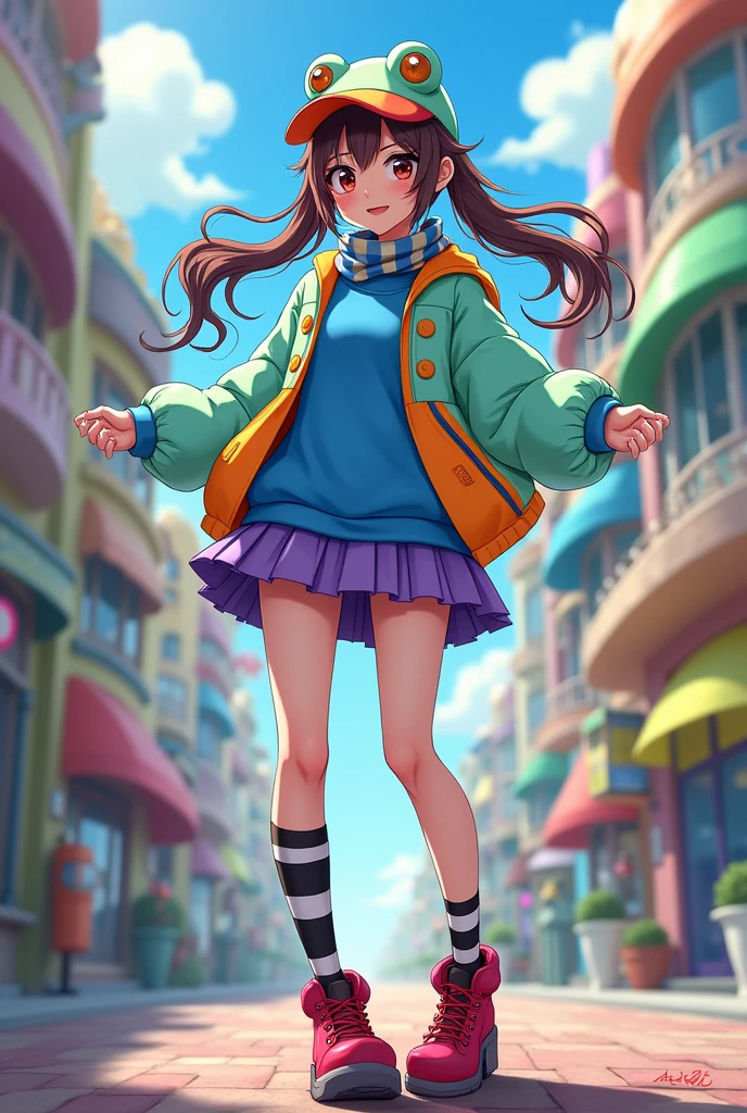 Create an anime style girl with a blue sweatshirt under a light green jacket with orange and blue sleeves, with a frog cap, short purple and yellow skirt, with a blue and red scarf, with long black and white stockings, with pastel red and dark purple boots, with hair in long pigtails half blue and half brown, with H cup tits with giant ass with big thighs