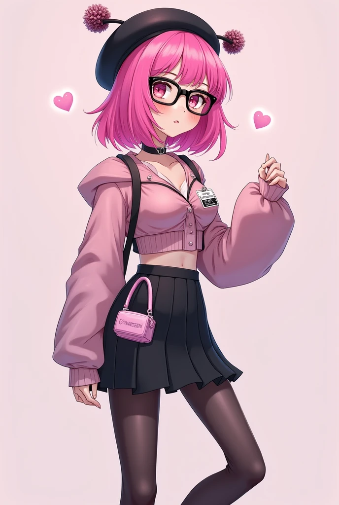 that she has a chest disease that is extremely daring, that she has pink hair, a black beret with pompoms, black glasses, pink eyes, an extremely blush, a pink censorship box, a short black skirt, black stockings, white sneakers, and that she is a girl