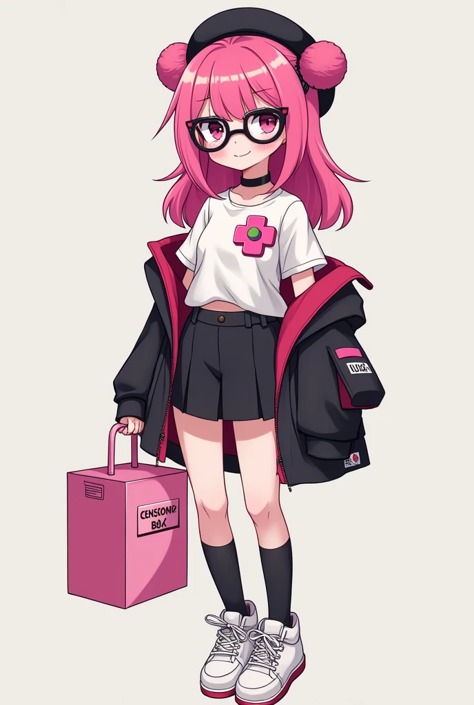that she has a chest disease that is extremely daring, that she has pink hair, a black beret with pompoms, black glasses, pink eyes, an extremely blush, a pink censorship box, a short black skirt, black stockings, white sneakers, and that she is a girl