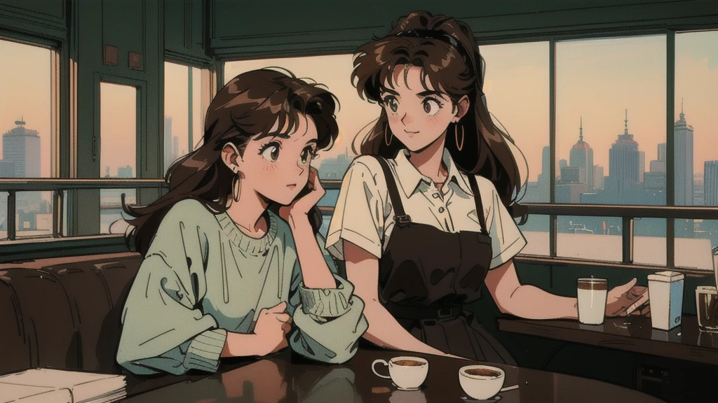 Highest quality, 8k, 1990s style,Hairstyles of the 2010s, 20 year old girl, Brown Hair, Light brown eyes, City Pop, skirt, Wear headphones, whole body, Relax Coffee,table,making,look at me, Cafe