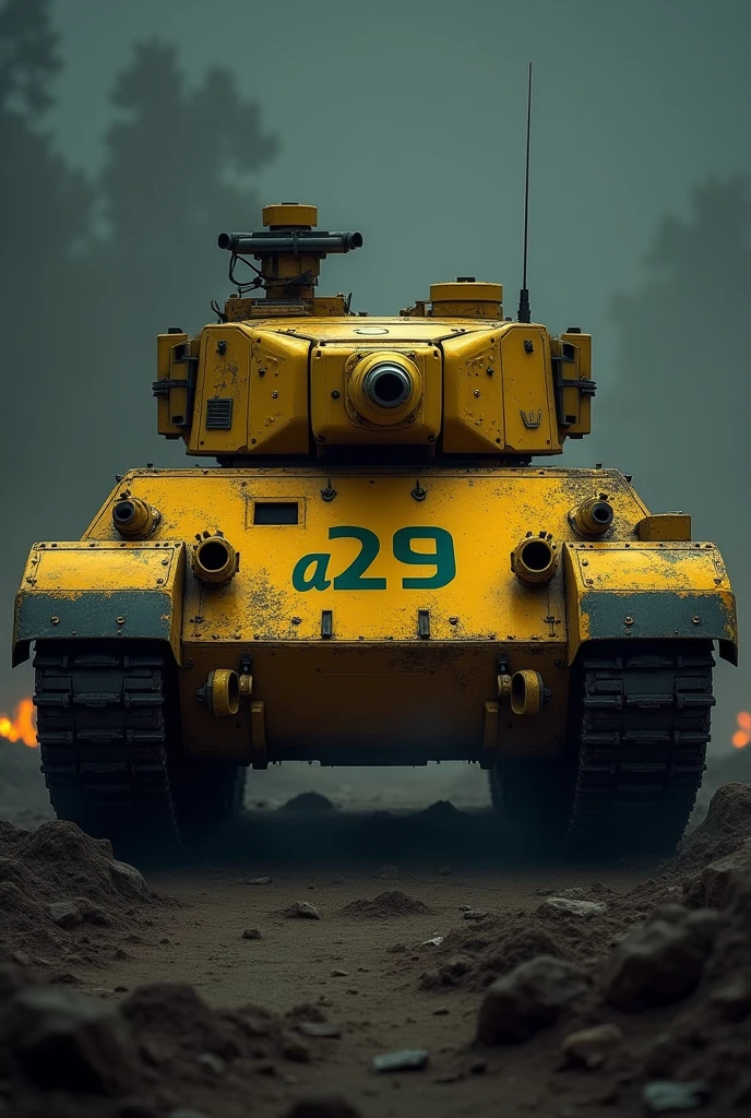 Yellow Tank Heavy equipment The letter A29 in dark green on the background front at night
