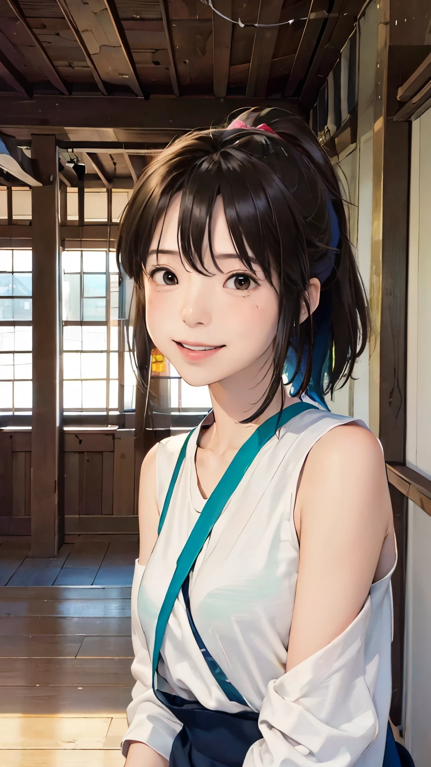 (masterpiece:1.4)、(Highest quality:1.4)、(High resolution:1.4)、Chihiro Ogino、ponytail、Unite Form、Outdoor、East Asian architecture、smile、colorful、High contrast