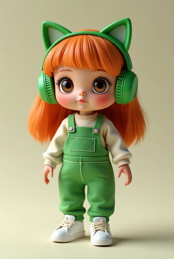  doll shape,Brunetette,eyes browns, curry hair, green jumpsuit, White sneakers,green kitty headphones 