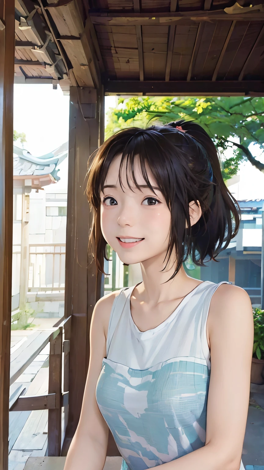 (masterpiece:1.4)、(Highest quality:1.4)、(High resolution:1.4)、Chihiro Ogino、ponytail、Unite Form、Outdoor、East Asian architecture、smile、colorful、High contrast