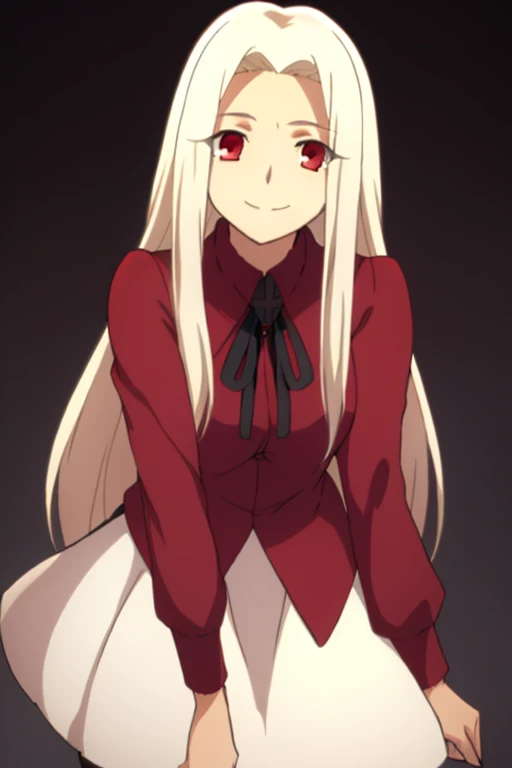 Irisviel Von Einzbern, (large breasts), oversized breasts, long hair, (platinum-blonde hair), (red casual blouse), ribbon, skirt, solo, facing the viewer, looking at the viewer, smile, closed mouth, (simple dark background)