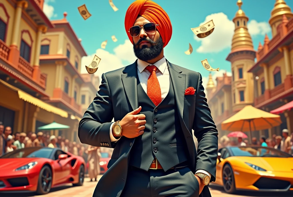 **Image Prompt:**

Create an image that captures the essence of a vibrant, trendy Punjabi pop song titled "Mainu Sab Pata." The central character should be a confident, stylish man, depicted with a larger-than-life aura, dressed in a sharp suit with a golden watch, standing next to a luxurious Lamborghini. He is surrounded by opulent symbols like dollar bills, a golden tower, and a small crowd of admirers, emphasizing his grandiosity and influence. The background features a lively, colorful Punjabi village scene, blending traditional elements with modern luxury. The overall mood of the image should be bold, extravagant, and full of swagger, reflecting a mix of humor and self-praise.

**Image size:** 1024x1024
