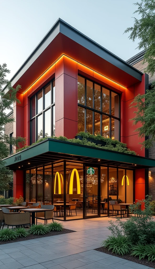 Visualize a McDonald's building reimagined as a Starbucks, blending iconic elements of both brands into a single structure. The exterior of the building should feature the classic red and yellow color scheme of McDonald's, but with the sleek, modern architectural design of a Starbucks. Picture large glass windows, a green awning with the McDonald's golden arches subtly integrated into the Starbucks logo. The building should have a sophisticated, urban feel, with cozy outdoor seating featuring both McDonald's and Starbucks branding. The entrance is inviting, with a stylish coffeehouse ambiance, incorporating familiar McDonald's elements like a drive-thru lane but with a more upscale, coffee-centric vibe. Surround the building with lush greenery and soft lighting, creating a welcoming atmosphere that fuses the fast-food world with the coffeehouse experience.